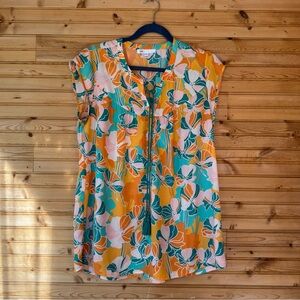 DR2 Tropical Sleeveless Blouse Orange Green Women’s Size Medium Summer Bright